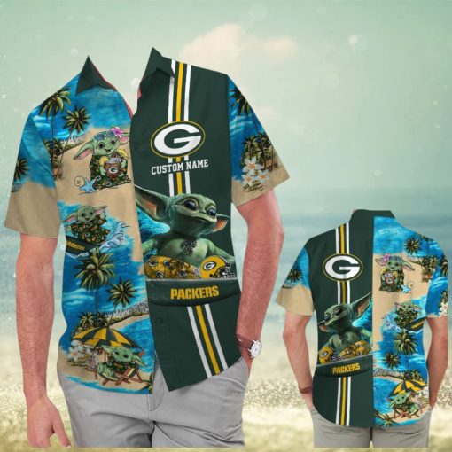 Green Bay Packers Baby Yoda Name Personalized Short Sleeve Button Up Tropical Hawaiian Shirt