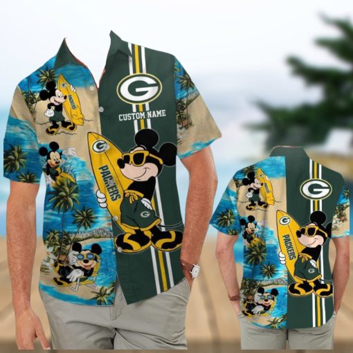 Green Bay Packers Mickey Name Personalized Short Sleeve Button Up Tropical Hawaiian Shirt