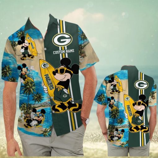 Green Bay Packers Mickey Name Personalized Short Sleeve Button Up Tropical Hawaiian Shirt