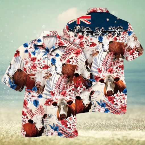 Hereford Cattle Australian Flag Hawaiian Flowers All Over Printed 3D Hawaiian Shirt