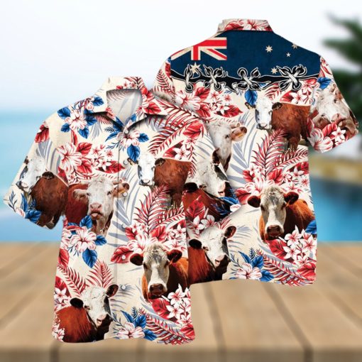 Hereford Cattle Australian Flag Hawaiian Flowers All Over Printed 3D Hawaiian Shirt