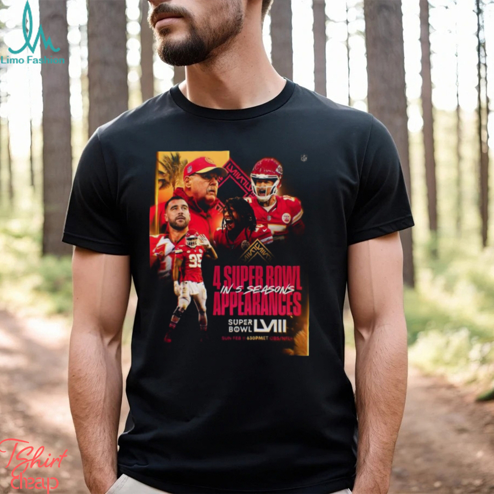 Kansas City Chiefs Get 4 Super Bowl In 5 Seasons Appearances With AFC Champions NFL Playoffs Season 2023 2024 T Shirt Kansas City Chiefs Get 4 Super Bowl In 5 Seasons Appearances With AFC Champions NFL Playoffs Season 2023 2024 T Shirt