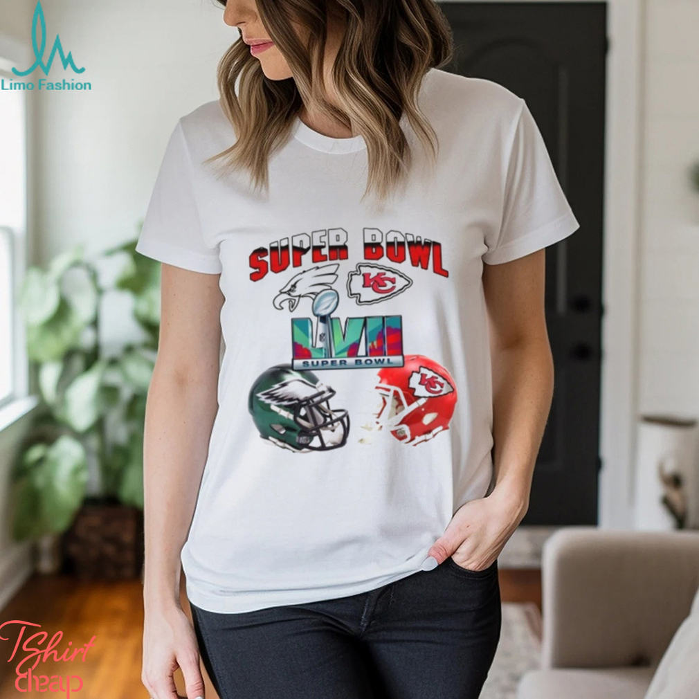 Kansas City Chiefs Vs Philadelphia Eagles Super Bowl 57 LVII Matchup Helmet Merc Shirt Kansas City Chiefs Vs Philadelphia Eagles Super Bowl 57 LVII Matchup Helmet Merc Shirt