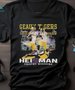 LSU Shop Geaux Tigers Jayden Daniels 2023 and Joe Burrow 2019 Heisman Trophy Winners Signatures Shirt