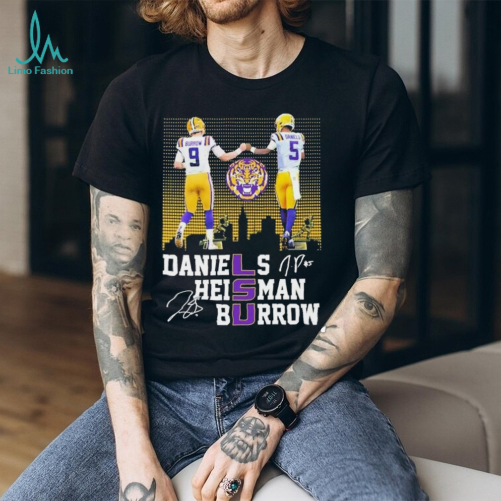 LSU Tigers Heisman Jayden Daniels Joe Burrow City Skyline Signatures T Shirt LSU Tigers Heisman Jayden Daniels Joe Burrow City Skyline Signatures T Shirt