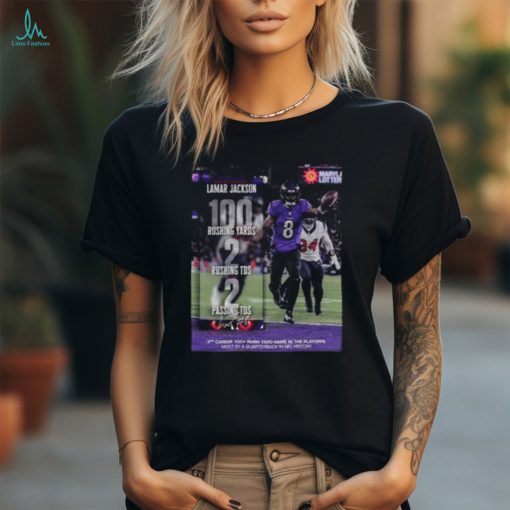Lamar Jackson Baltimore Ravens The Third Career 100 Rush Yard Game In The Playoffs Most By A Quarterback In NFL History MVP Of The Divisional Round 2024 Classic T Shirt