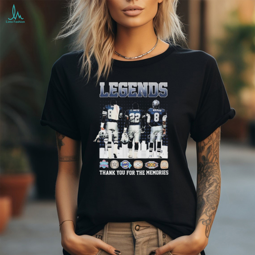 Legends Michael Irvin Emmitt Smith and Troy Aikman Dallas Cowboys signatures thanks shirt Legends Michael Irvin Emmitt Smith and Troy Aikman Dallas Cowboys signatures thanks shirt