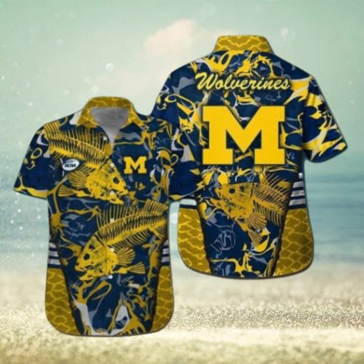 Michigan Wolverines Fishing Short Sleeve Button Up Tropical Hawaiian Shirt