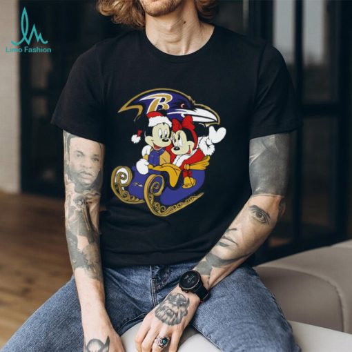 Mickey Minnie Santa Ride Sleigh Christmas Baltimore Ravens 2024 Shirt