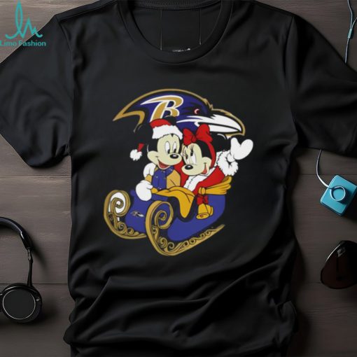 Mickey Minnie Santa Ride Sleigh Christmas Baltimore Ravens 2024 Shirt