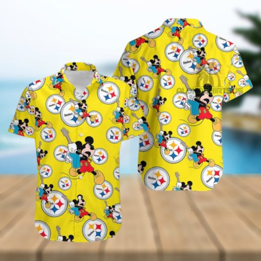 Mickey Mouse Electric Guitar Pittsburgh Steelers Yellow One Piece Hawaiian Shirt