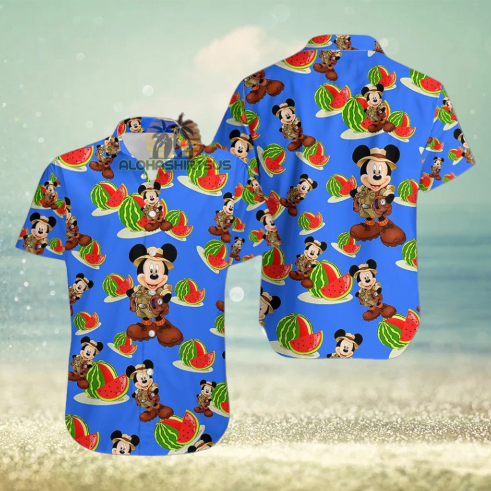 Mickey Mouse Explorer Watermelon Royal Blue Aloha Print Hawaiian Shirt Mickey Mouse Explorer Watermelon Royal Blue Aloha Print Hawaiian Shirt