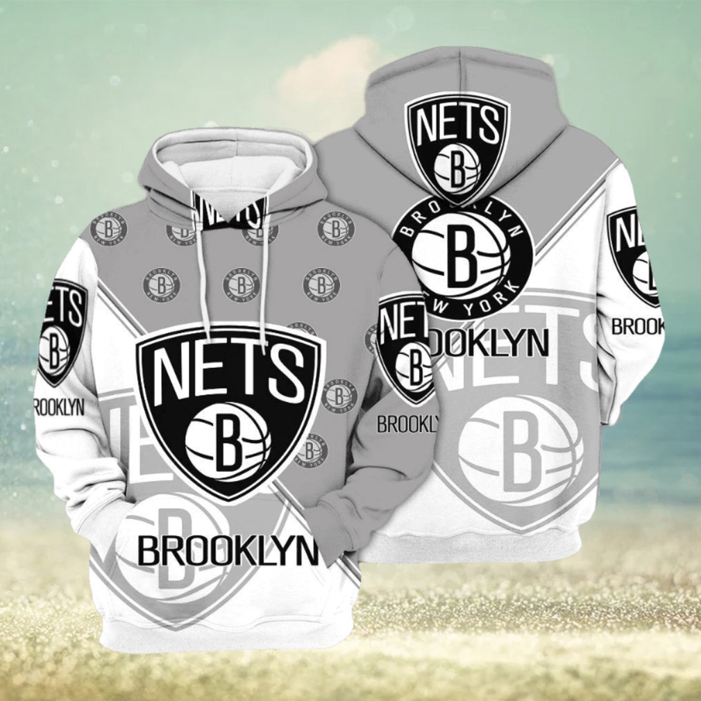 NBA Brooklyn Nets Gray White Half Multi Logo Pullover Hoodie NBA Brooklyn Nets Gray White Half Multi Logo Pullover Hoodie