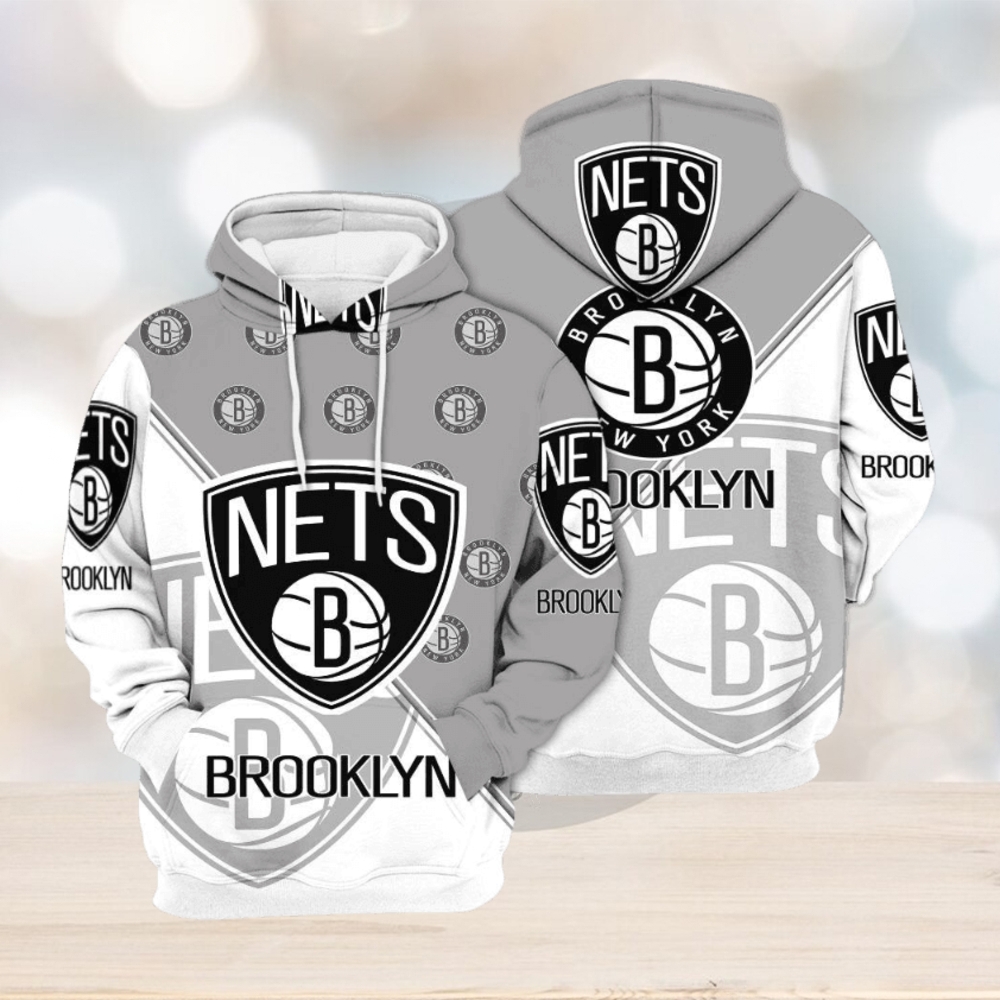 NBA Brooklyn Nets Gray White Half Multi Logo Pullover Hoodie