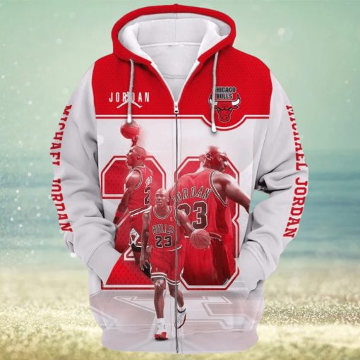 NBA Chicago Bulls Michael Jordan White Red Zip Up Hoodie