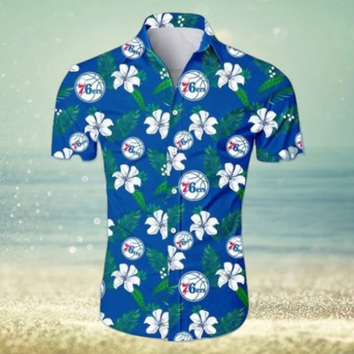 NBA Philadelphia 76Ers White Hibiscus Flowers Green Leaves Hawaiian Shirt