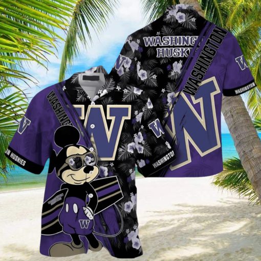 NCAA Washington Huskies Hawaiian Shirt Mickey And Floral Pattern