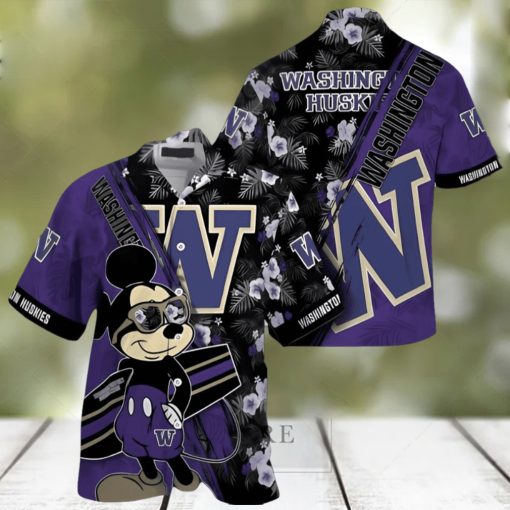 NCAA Washington Huskies Hawaiian Shirt Mickey And Floral Pattern