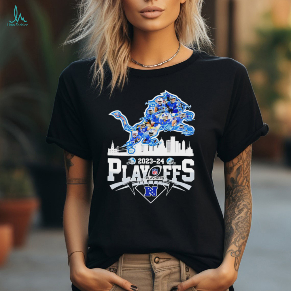 NFL 2023 2024 NFC Playoffs Detroit Lions player signatures logo skyline shirt NFL 2023 2024 NFC Playoffs Detroit Lions player signatures logo skyline shirt