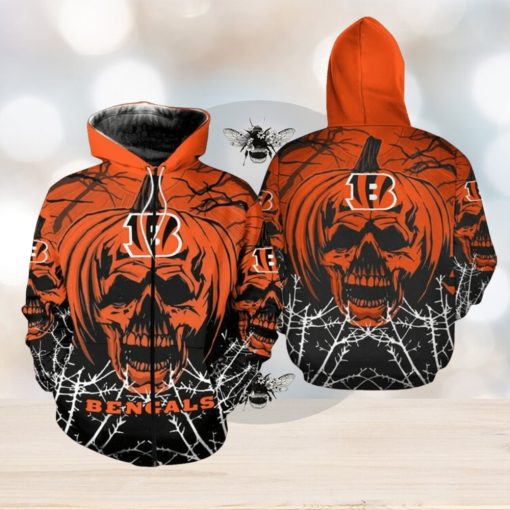 NFL Cincinnati Bengals Orange Pumpkin Skull Zip Up Hoodie