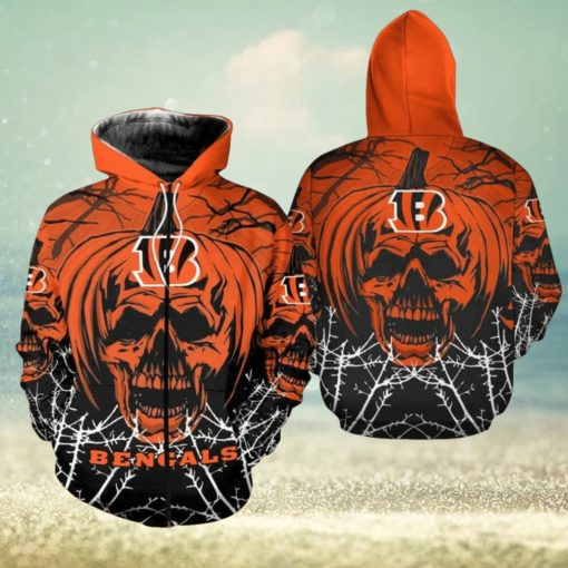 NFL Cincinnati Bengals Orange Pumpkin Skull Zip Up Hoodie