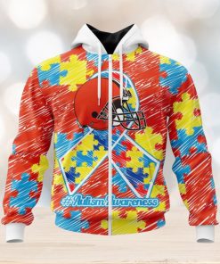 NFL Cleveland Browns Custom Name Number Puzzle Autism Awareness Zip Up Hoodie