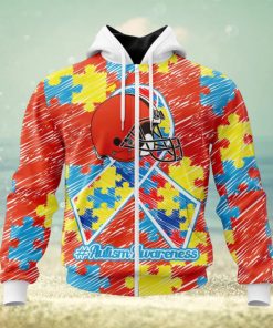 NFL Cleveland Browns Custom Name Number Puzzle Autism Awareness Zip Up Hoodie