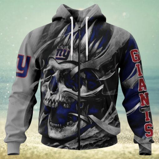 NFL New York Giants Custom Name Number Grey Skull Zip Up Hoodie