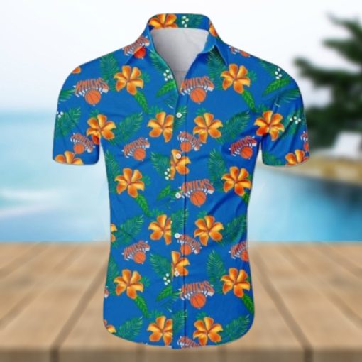 Nba New York Knicks Orange Blue Tropical Flowers Trendy Hawaiian Shirt Aloha Shirt