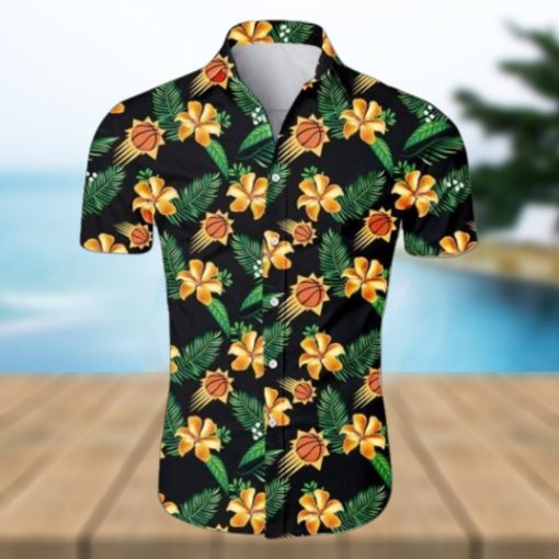 Nba Phoenix Suns Orange Hibiscus Flowers Green Leaves Trendy Hawaiian Shirt Aloha Shirt