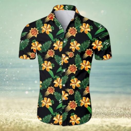 Nba Phoenix Suns Orange Hibiscus Flowers Green Leaves Trendy Hawaiian Shirt Aloha Shirt