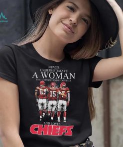 Never Underestimate A Woman Who Understands Football And Loves Kansas City Chiefs Kelce Mahomes And Butker Signatures T Shirt