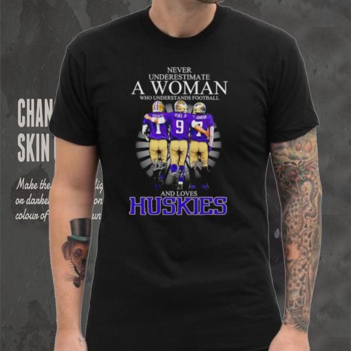 Never Underestimate A Woman Who Understands Football And Loves Washington Huskies Rome Odunze Michael Penix Jr And Dillon Johnson Signatures T Shirt