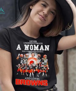 Never underestimate a woman who understands football Cleveland Browns and loves Browns signature shirt, hoodie, sweater, long sleeve and tank top Never underestimate a woman who understands football Cleveland Browns and loves Browns signature shirt
