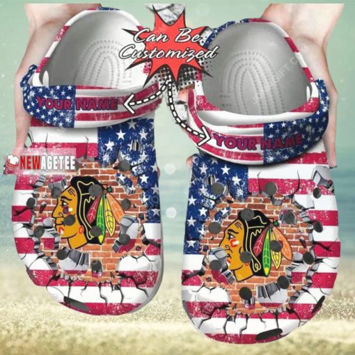 Nhl Chicago Blackhawks American Flag Custom Name Crocs Clog