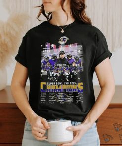 Official Baltimore Ravens Super Bowl LVIII 2024 Champions Signatures T Shirt