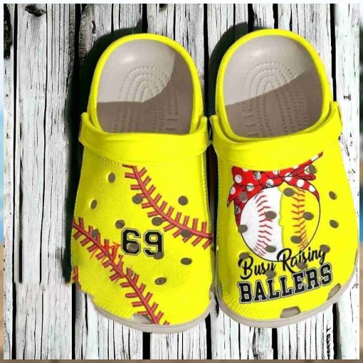 Personalized Busy Raising Ballers Softball Baseball Mom Yellow Crocs