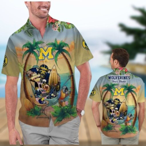 Personalized Michigan Wolverines Tropical Hawaiian Shirt Flamingo and Parrot Design