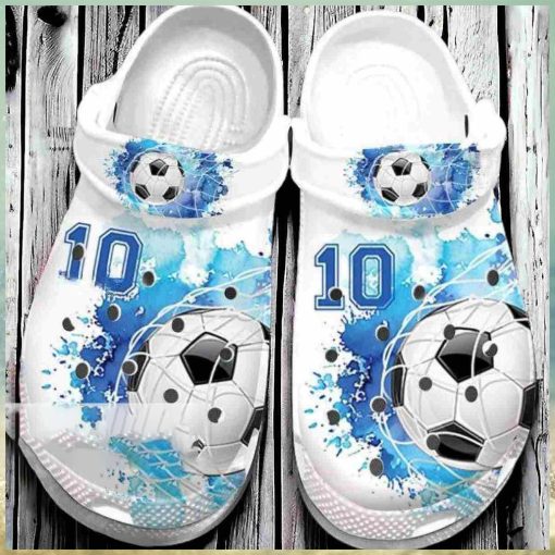 Personalized Number Soccer Goal Blue White Watercolor Crocs