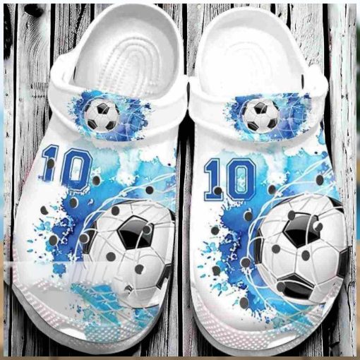 Personalized Number Soccer Goal Blue White Watercolor Crocs