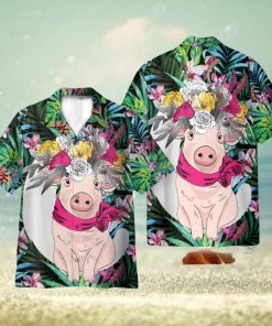 Pig With Flower Hair Wreath Tropical Pattern 3D Hawaiian Shirt Holiday Gift