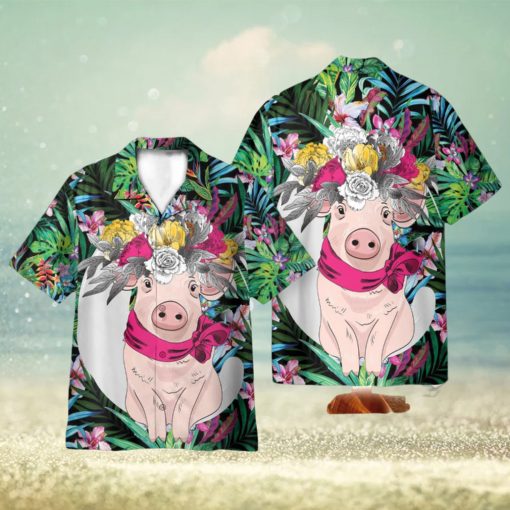 Pig With Flower Hair Wreath Tropical Pattern 3D Hawaiian Shirt Holiday Gift