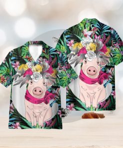 Pig With Flower Hair Wreath Tropical Pattern 3D Hawaiian Shirt Holiday Gift