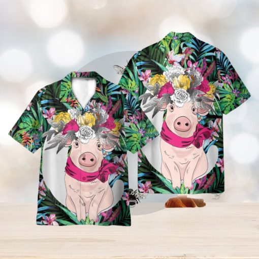 Pig With Flower Hair Wreath Tropical Pattern 3D Hawaiian Shirt Holiday Gift