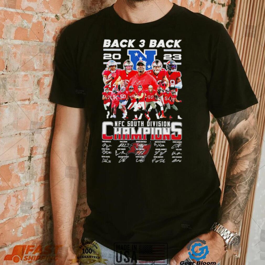 Tampa Bay Buccaneers back 3 back NFC South Division Champions signatures logo shirt Tampa Bay Buccaneers back 3 back NFC South Division Champions signatures logo shirt