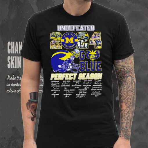 Undefeated 2024 Michigan Wolverines go blue perfect season signatures helmet logo shirt