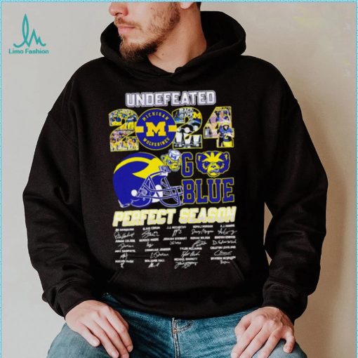 Undefeated 2024 Michigan Wolverines go blue perfect season signatures helmet logo shirt