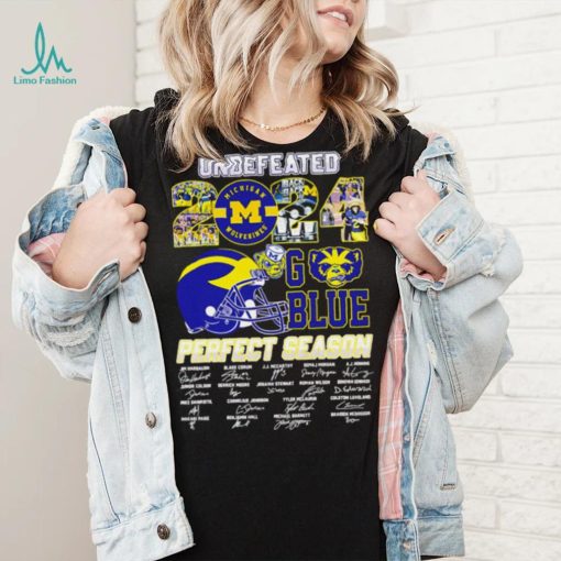 Undefeated 2024 Michigan Wolverines go blue perfect season signatures helmet logo shirt