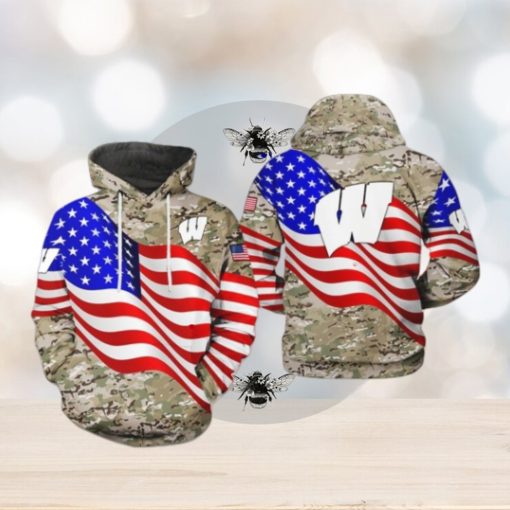 Wisconsin Badgers NCAA US Flag Camo Veteran 3D Printed Hoodie