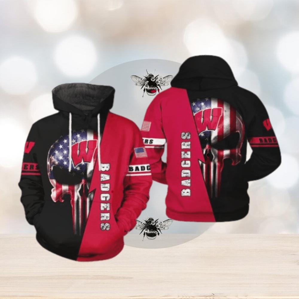 Wisconsin Badgers NCAA US Flag Skull 3D Printed Hoodie Wisconsin Badgers NCAA US Flag Skull 3D Printed Hoodie
